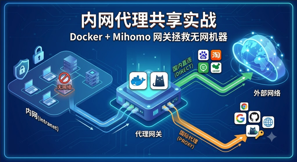 内网代理共享实战：基于 Docker + Mihomo 搭建网关，拯救无网机器（含国内外流量分流）